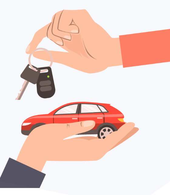 A hand offering car keys over a hand holding a new car